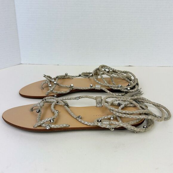 LOEFFLER RANDALL Bo Crystal Embellished Braided Ankle Tie Sandals Metallic Sz 8 - Picture 7 of 14
